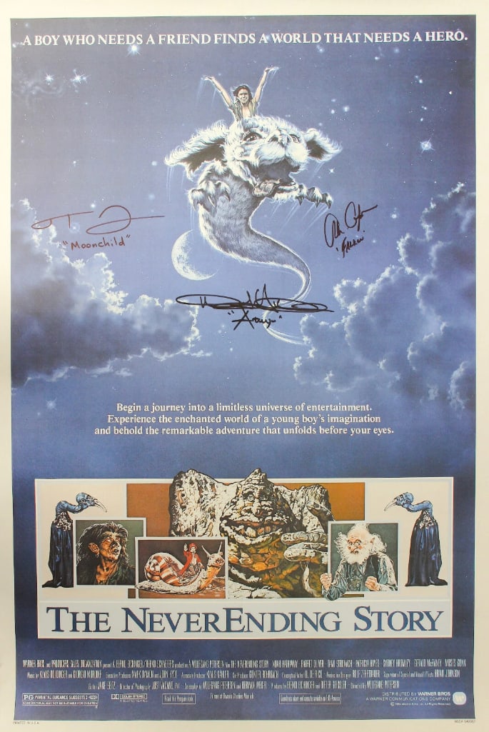 The Neverending Story Multi Cast Signed 25" x 7" Print (3 Sigs) (ACOA): Color 25" x 7" print from the film The Neverending Story signed by cast members Noah Hathaway, who inscribed his character's name "Atreyu" after his signature, Alan Oppenheimer, who inscribed his char