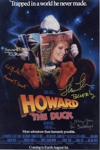 Howard the Duck Multi Cast Signed 20" x 12" Film Promo Photo (4 Sigs) (ACOA): Color 20" x 12" promotional photo for the film Howard the Duck signed in silver, yellow, and orange felt tip markers by cast members Lea Thompson, Jeffrey Jones, Ed Gale, and Tim Rose. In fine conditi