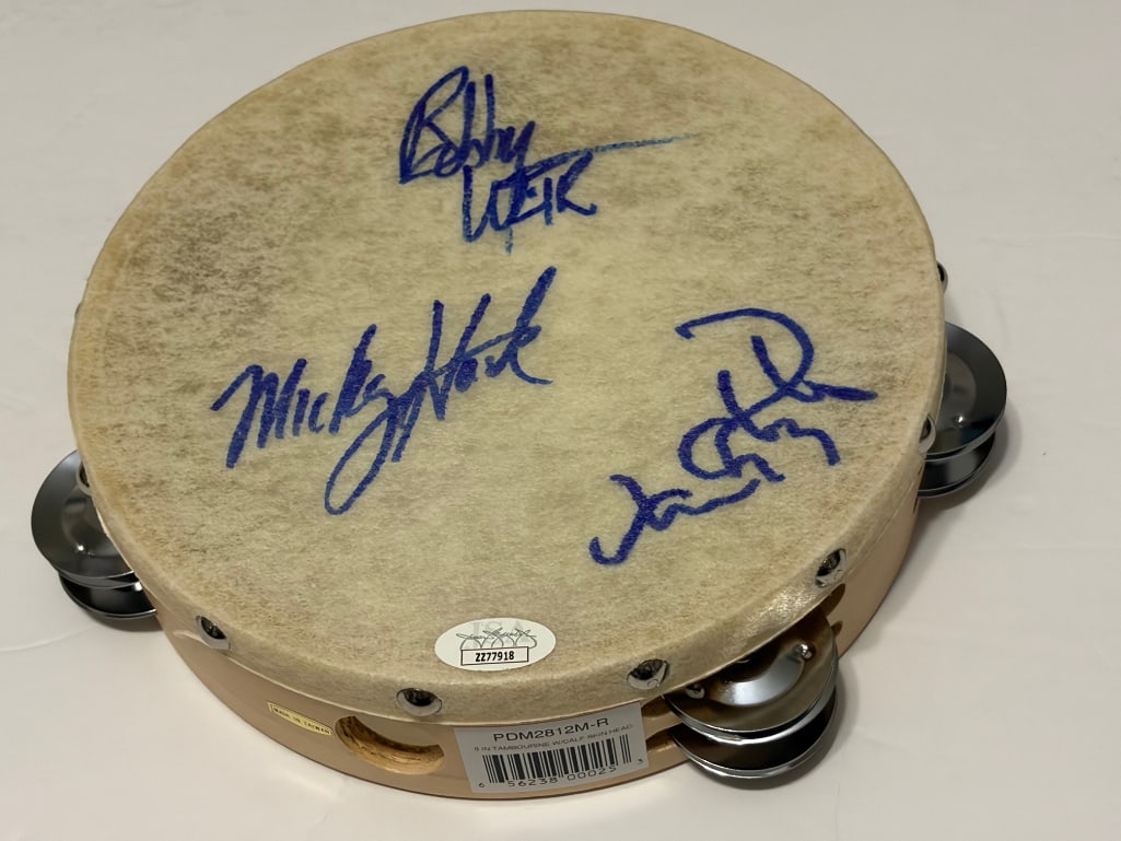 The Grateful Dead Group Signed 8" Calfskin Tambourine (3 Sigs) (JSA Authentication): White 8" calfskin tambourine signed on the top in blue felt tip marker by the Grateful Dead band members Bob Weir, Mickey Hart and Tom Constantine. In fine condition. Accompanied by a full Letter of A