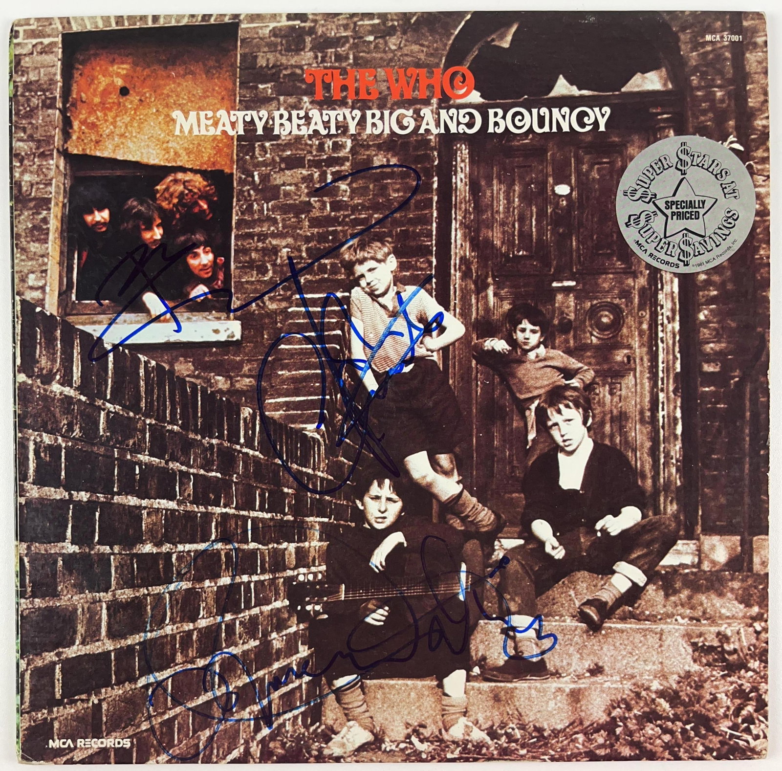 The Who Group Signed "Meat Beaty Big & Bouncy" Album (3 Sigs) (Beckett Authentication): "Meaty Beaty Big and Bouncy" album signed on the cover in blue felt tip marker by The Who band members Pete Townshend, Roger Daltrey, and John Entwistle. Measuring approximately 12" x 12" and in very 