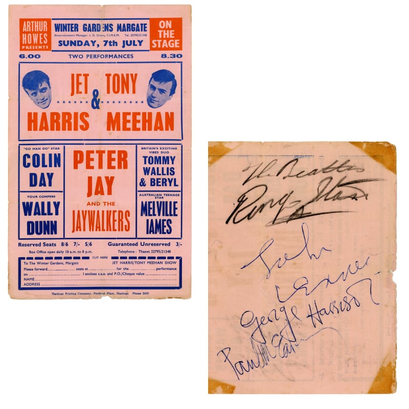 The Beatles Vintage 1963 Fully Group Signed Handbill (4 Sigs) (Tracks COA): Original July 7, 1963 handbill advertising the Jet Harris & Tony Meehan and Peter Jay & The Jaywalkers performance held at the Winter Gardens in Margate, England, boldly autographed on the reverse by 