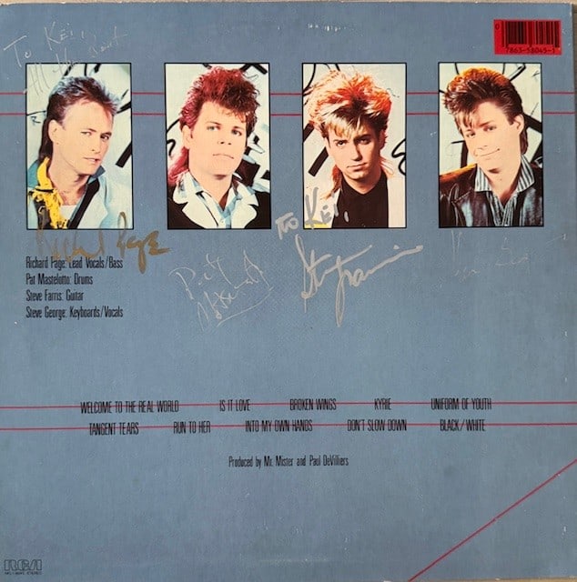 Mr. Mister Fully Signed "Welcome to the Real World" LP Album (4 Sigs) (Third Party Guaranteed): "Welcome to the Real World" LP album signed on the back cover in silver and gold felt tip markers by Mr. Mister band members Richard Page, Steve George, Pat Mastelotto, and Steve Farris. Measuring app