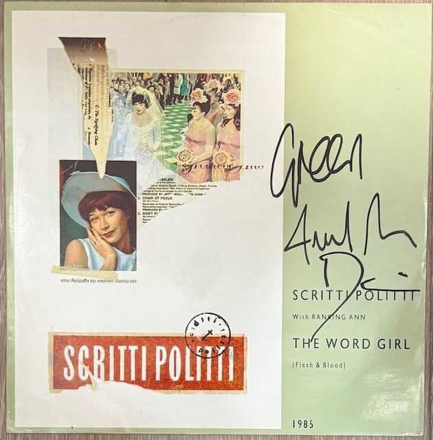 Scritti Politti Fully Signed "The Word Girl" Album (3 Sigs) (Third Party Guaranteed): "The Word Girl" album signed on the cover in black felt tip marker by Scritti Politti band members Green Gartside, Fred Maher, and David Gamson. Measuring approximately 12" x 12" and Record is include