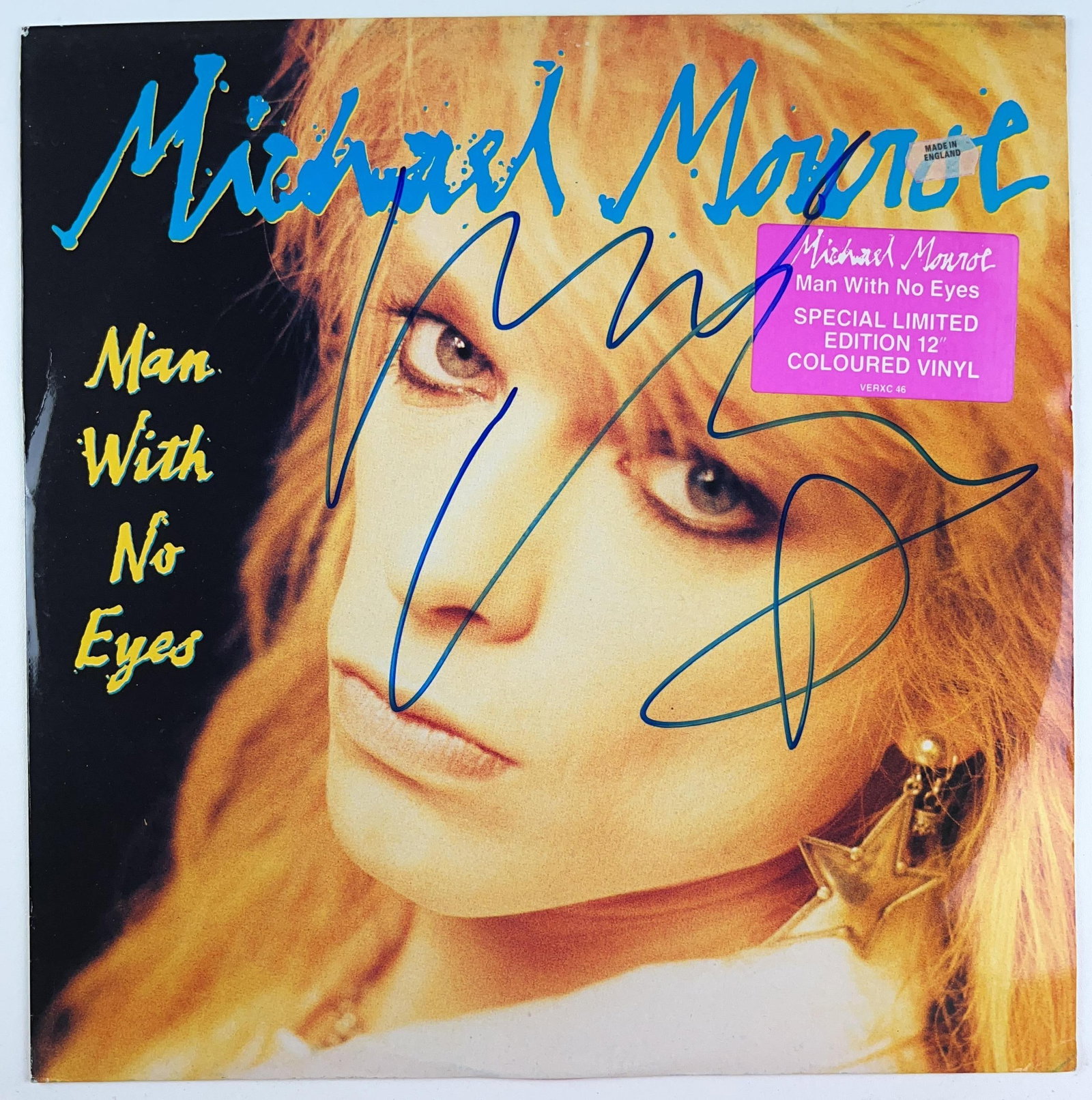 Hanoi Rocks: Michael Monroe Signe "Man with No Eyes" Album (Beckett Authentication): "Man with No Eyes" album signed on the cover in blue felt tip marker by Hanoi Rocks front man Michael Monroe. Measuring approximately 12" x 12" and in fine condition. Special limited edition pink reco