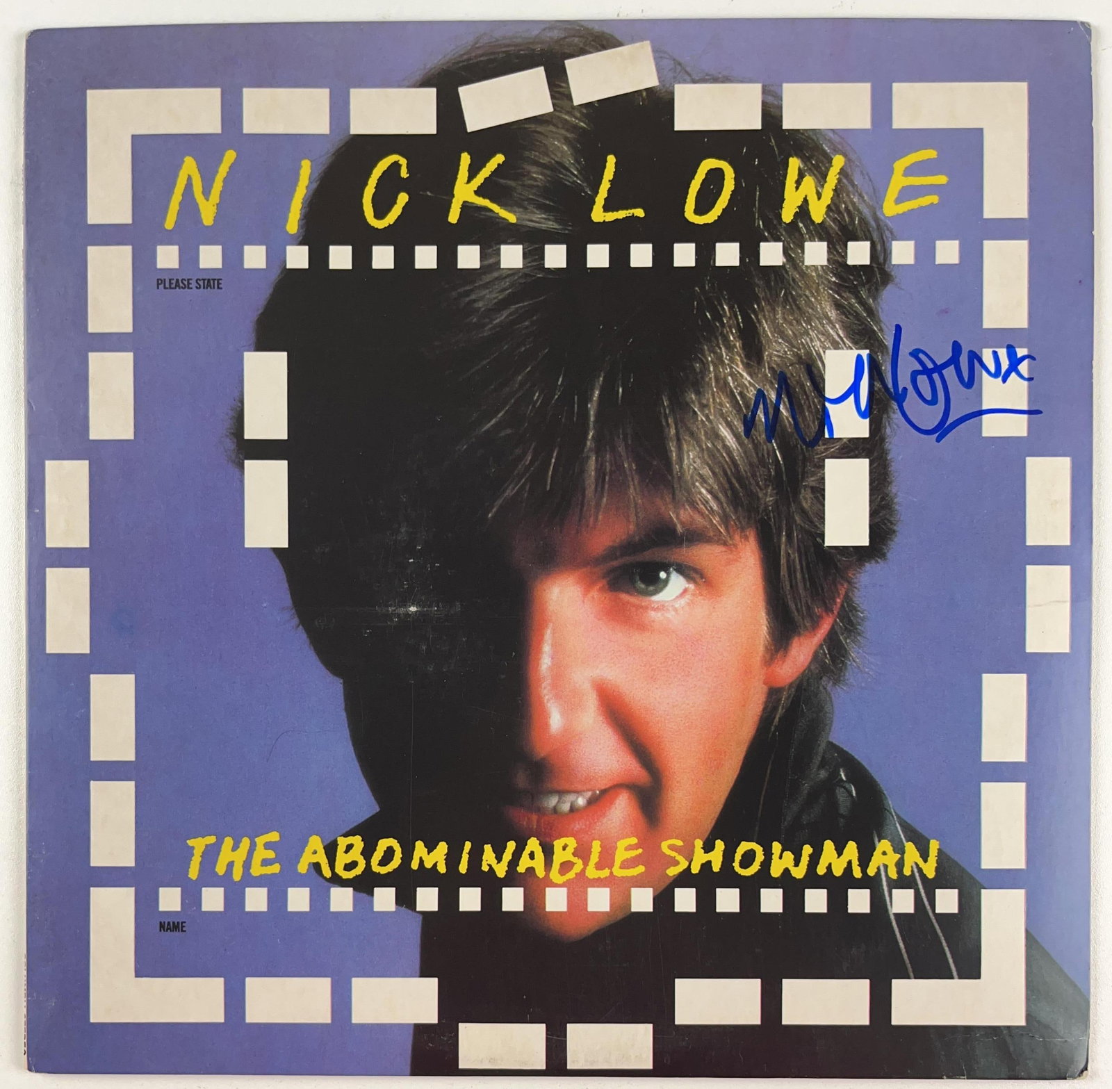Nick Lowe Signed "The Abominable Showman" Album (Beckett Authentication): "The Abominable Showman" album signed on the cover in blue felt tip marker by musician Nick Lowe. Measuring approximately 12" x 12" and in fine condition. Record is included. Obtained in-person.