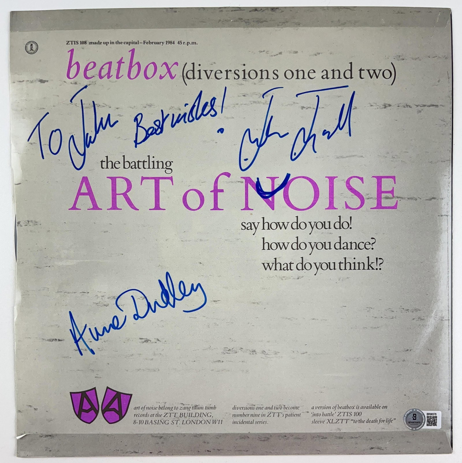 Art of Noise: Anne Dudley and J.J. Jeczalik Signed "Beat Box" Album Single (2 Sigs) (BAS): "Beat Box" album single signed on the back cover in blue felt tip marker by Art of Noise band members Anne Dudley and J.J. Jeczalik who inscribed "To John best wishes" before his signature. Measuring 