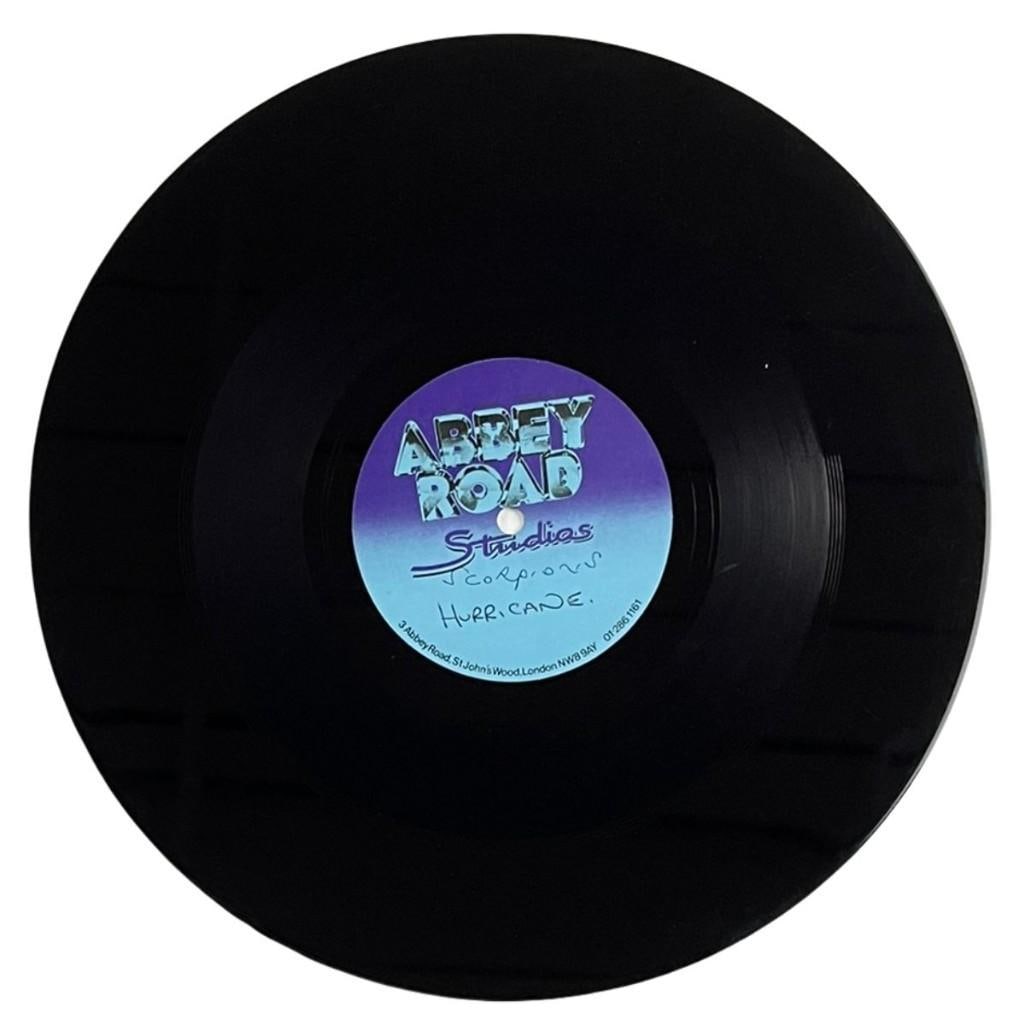 Scorpions Original "Hurricane" Acetate Disc: Rare Abbey Road Studios double-sided “Hurricane” original vintage acetate disc. The disc label reads “Abbey Road Studios” and is inscribed in black ballpoint pen with the