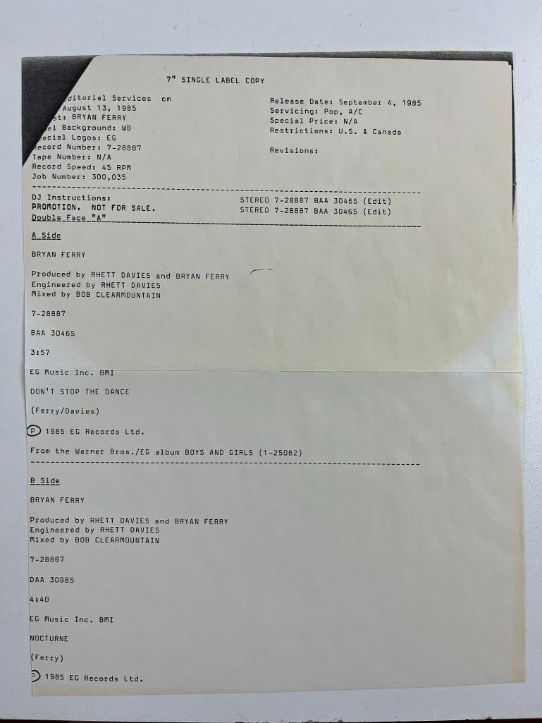 Bryan Ferry Original "Don't Stop the Dance" 1985 Acetate Disc - 2