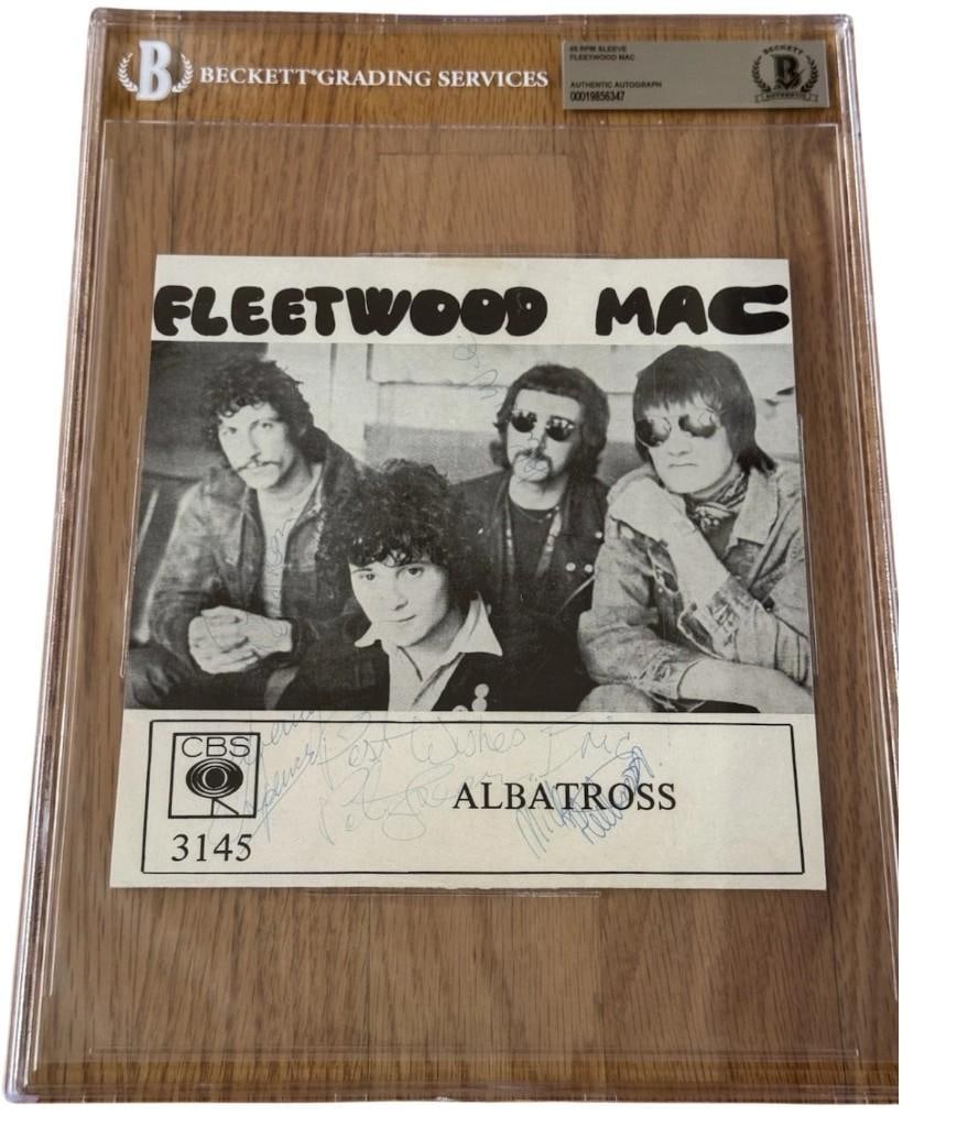 Fleetwood Mac Group Signed "Albatross" 45 With Peter Green (4 Sigs) (Beckett Encapsulated): "Albatross" 45 signed on the cover in blue ballpoint pen by Fleetwood Mac band members John McVie, Mick Fleetwood, Jeremy Spencer, and Peter Green, who signed twice, and who inscribed "Best wishes" be