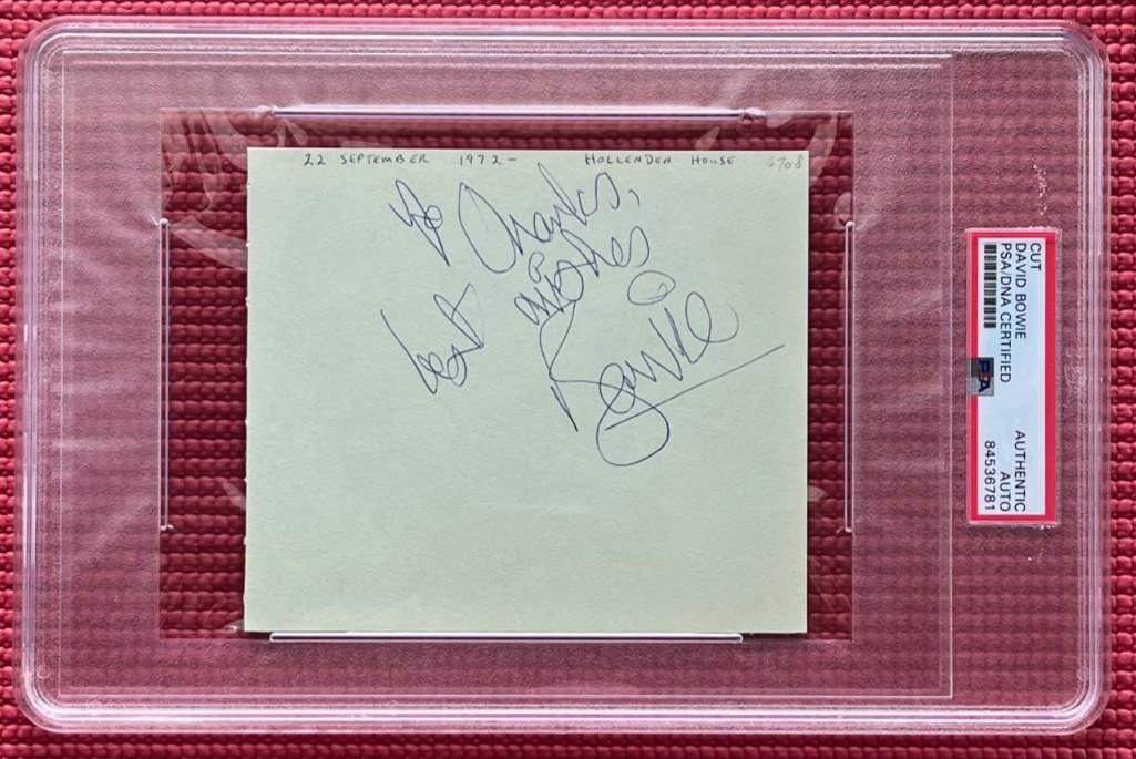 David Bowie Vintage Signed 1972 "Ziggy Stardust Tour" Album Page (PSA/DNA Authentication): Sought-after light green 5.25" x 4.5" album page signed in black ballpoint pen by David Bowie, who additionally inscribed “To Charles, best wishes” before his signature. The original recip