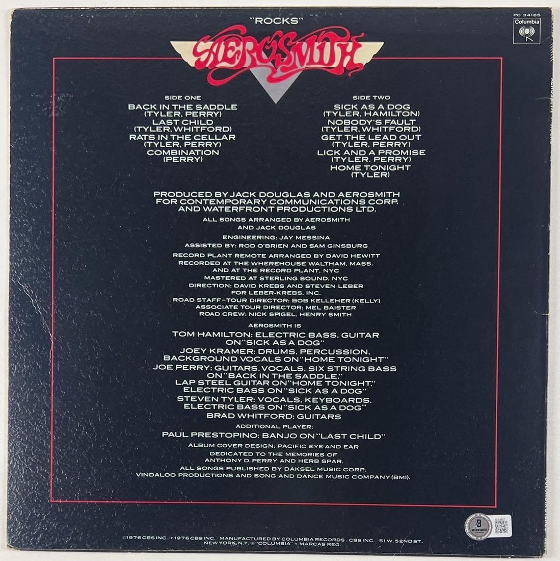 Aerosmith Fully Group Signed "Rocks" Album (5 Sigs) (Beckett Authentication) - 3