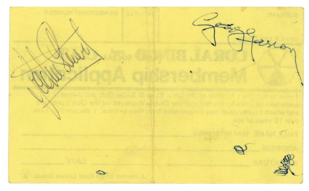 The Beatles: George Harrison & Jackie Stewart Signed Membership Card (2 Sigs) (Tracks COA) (1 of 1)