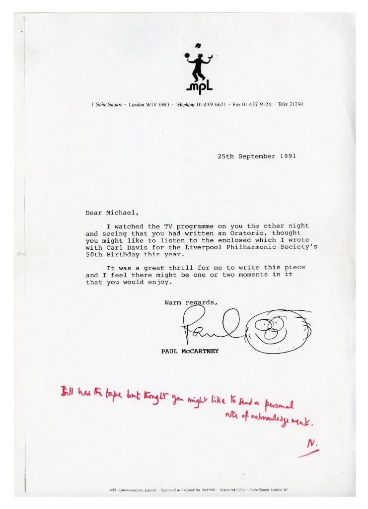 Paul McCartney 1991 Liverpool Oratorio Signed Letter With Facial Doodle (Tracks COA): Nice white 11" x 8.5" photocopied letter on McCartney Productions Ltd., 1 Soho Square, London letterhead, dated September 25, 1991, hand-signed in black ballpoint pen by Paul McCartney, who also