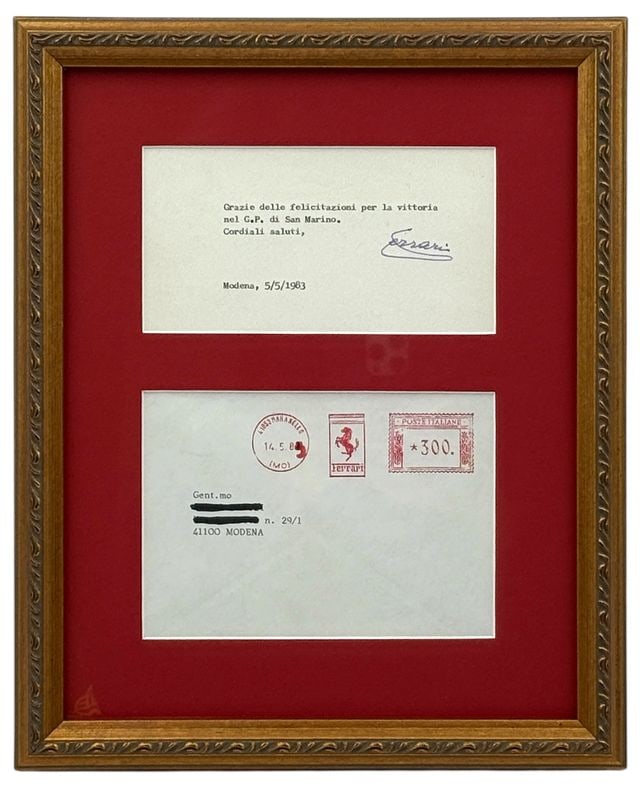 Enzo Ferrari Signed 1983 Letter & Envelope Framed Display (JSA): White 10" x 12" framed letter and envelope display, signed by founder of Ferrari Enzo Ferrari. Signed letter and envelope measuring approximately 4" x 6" and is displayed in a frame measuring 10" x