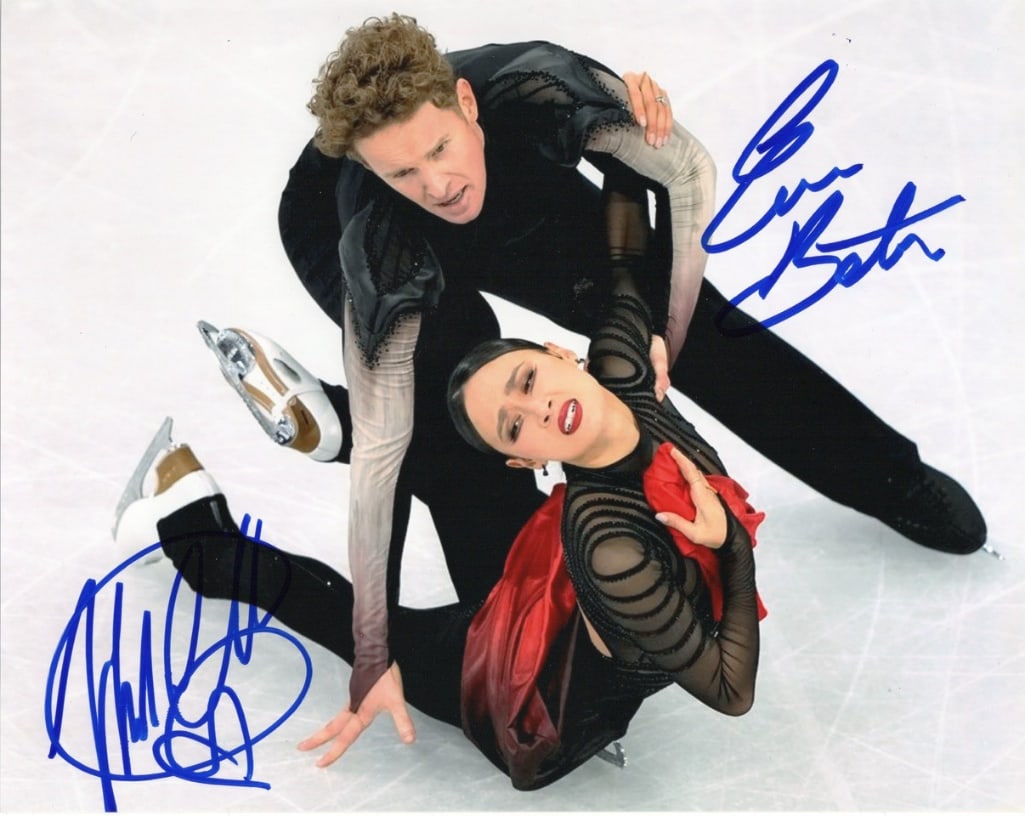 Olympic Ice: Madison Chock & Evan Bates Signed 8" x 10" Photo (Third Party Guaranteed): Color 8" x 10" photo signed in blue felt tip marker by Olympic Ice skating competitors Madison Chock and Evan Bates. In fine condition. Provenance Eaton & Brennan Auctions guarantees this lot to pass