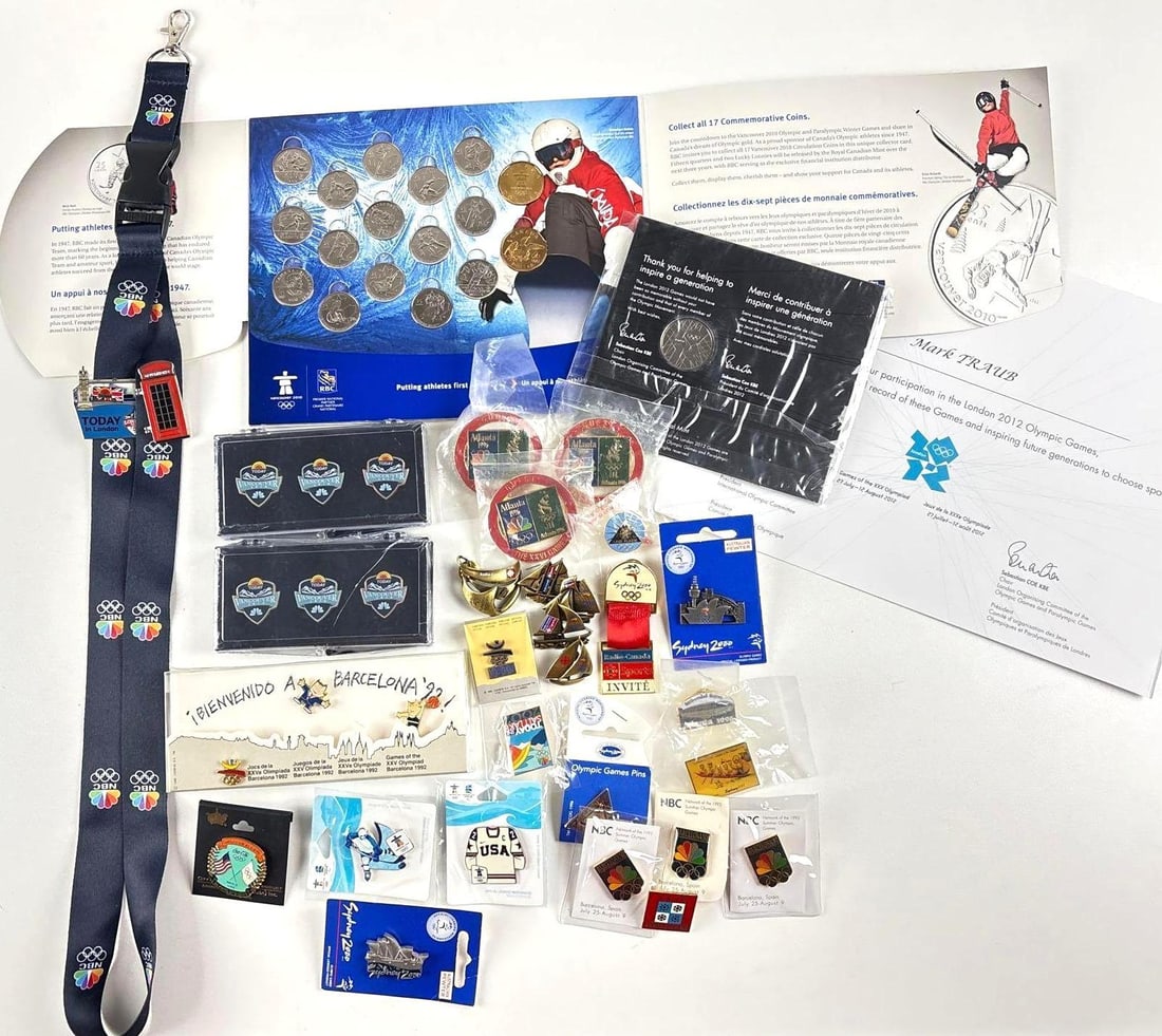 Olympics Pins & Coins Collection: Atlanta, Vancouver, London, Barcelona, Sydney, Lake Placid - 2
