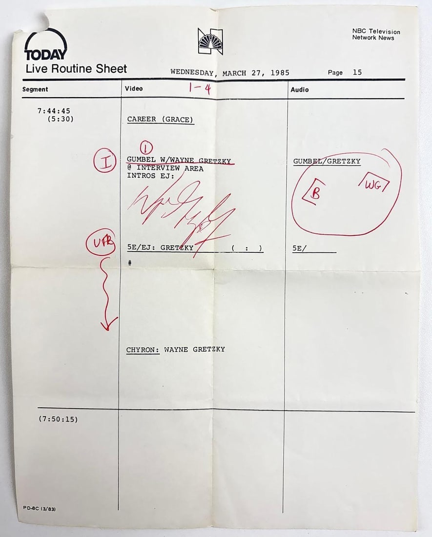 Wayne Gretzky Signed NBC "Today Show" 1985 Live Routine Sheet (Third Party Guaranteed): White paper NBC "Today Show" Live Routine Sheet for Wednesday, March 27th, 1985, signed in red ballpoint pen by hockey player Wayne Gretzky. In very good condition, with some signs of scattered wear,
