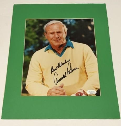 Arnold Palmer Signed 10" x 8" Photo (JSA Authentication): Color 10" x 8" photo signed in black felt tip marker by golfer Arnold Palmer, who inscribed "Best Wishes" before his signature. In fine condition. Authenticated by JSA, with their official hologram