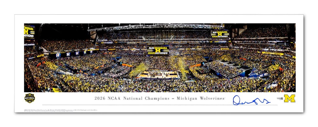 Dusty May Signed 40" x 13.5" UMW 2026 Championship Game Panoramic Photo (JSA): Color 40" x 13.5" UMW 2026 Championship game panoramic photo signed in blue felt tip marker by head basketball coach Dusty May. In fine condition. Authenticated by JSA, with their official hologram