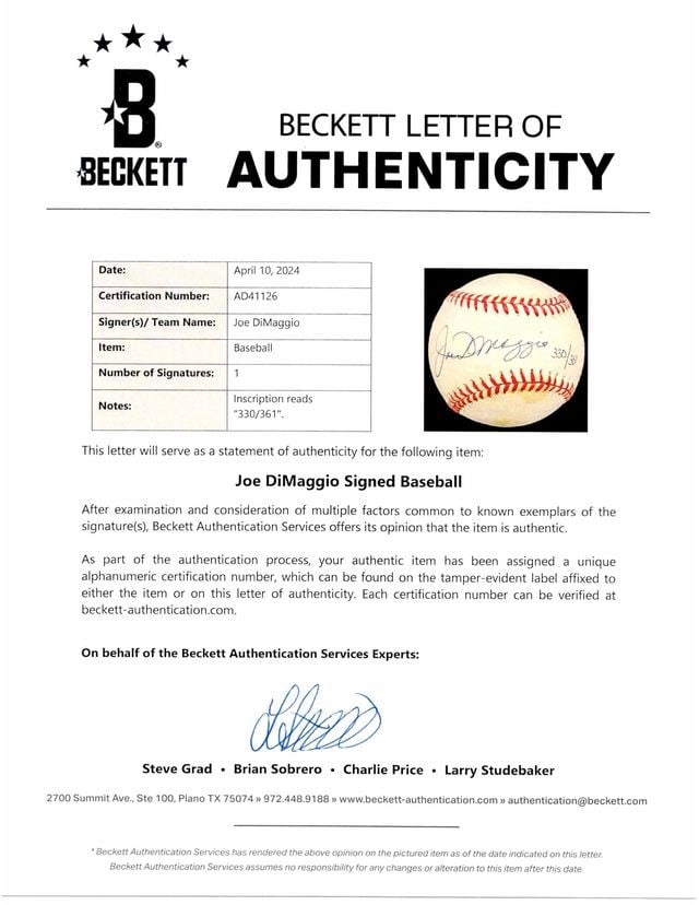 Joe DiMaggio Signed Rawlings Brand OMLB Baseball Custom Wooden Display (Beckett) - 8