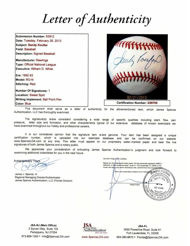 Sandy Koufax Signed Rawlings Brand OMLB Baseball (JSA Authentication) - 7
