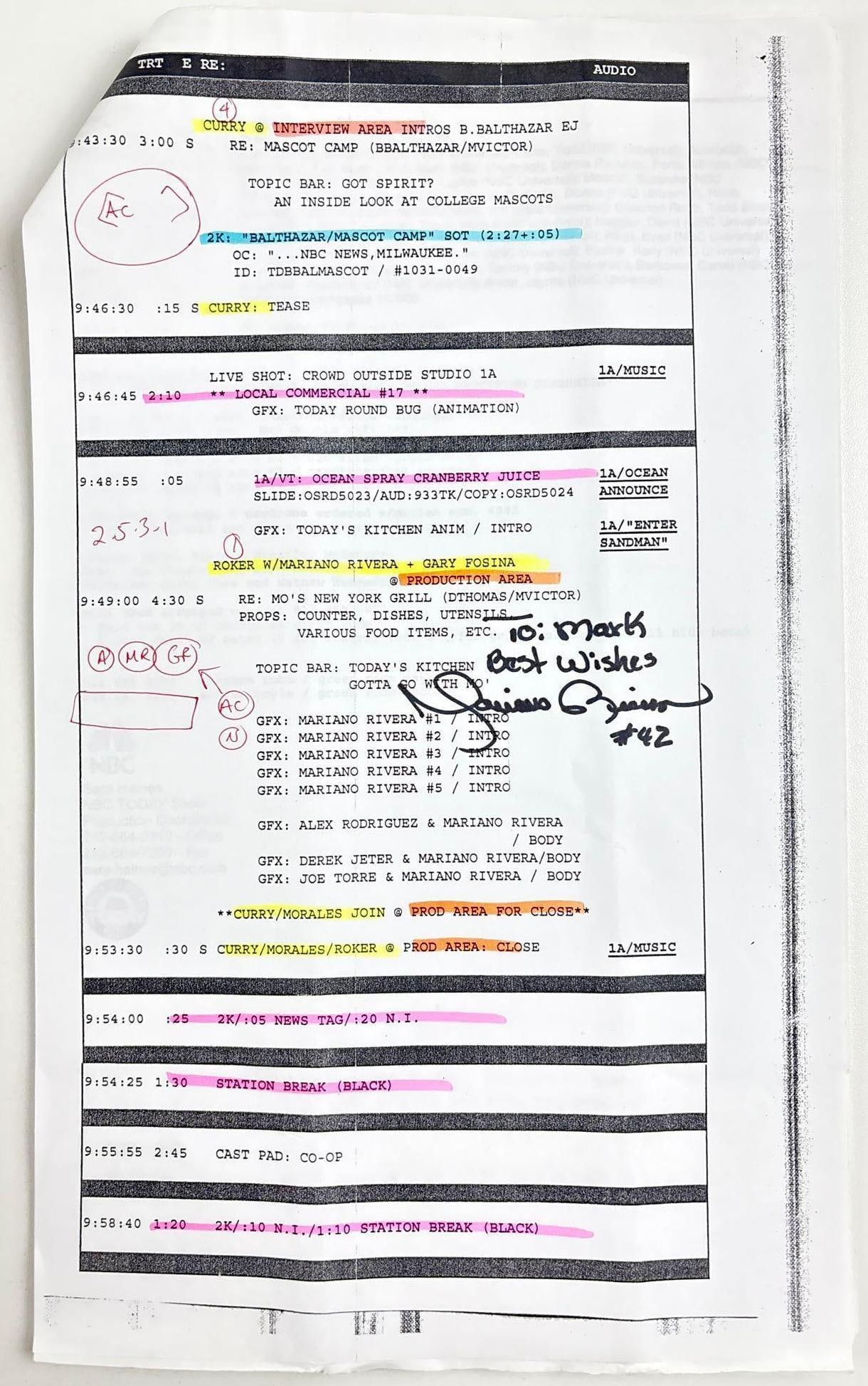 Mariano Rivera Signed NBC "Today Show" 2006 Show Script (Third Party Guaranteed) (1 of 3)