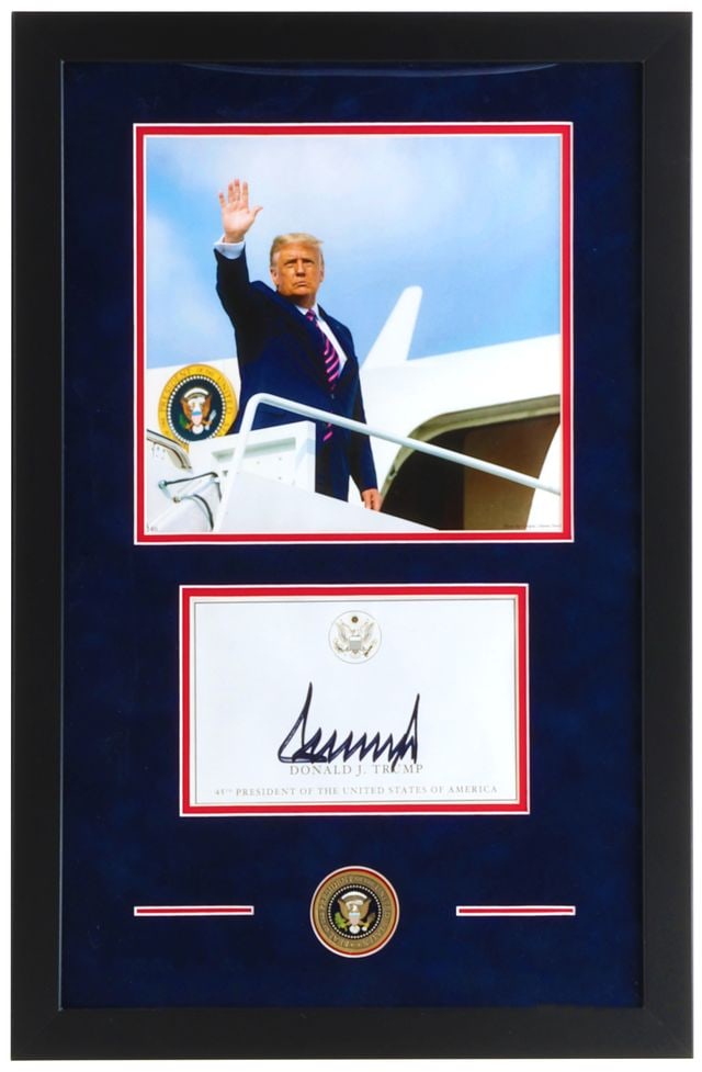 President Donald Trump Signed "Save America" 26" x 17" Framed Cut Display (JSA Authentication): "Save America" custom 26" x 17" framed cut display signed in black felt tip marker by 45th and 47th President of the United States Donald Trump. Display additionally features Presidential Seal coin.