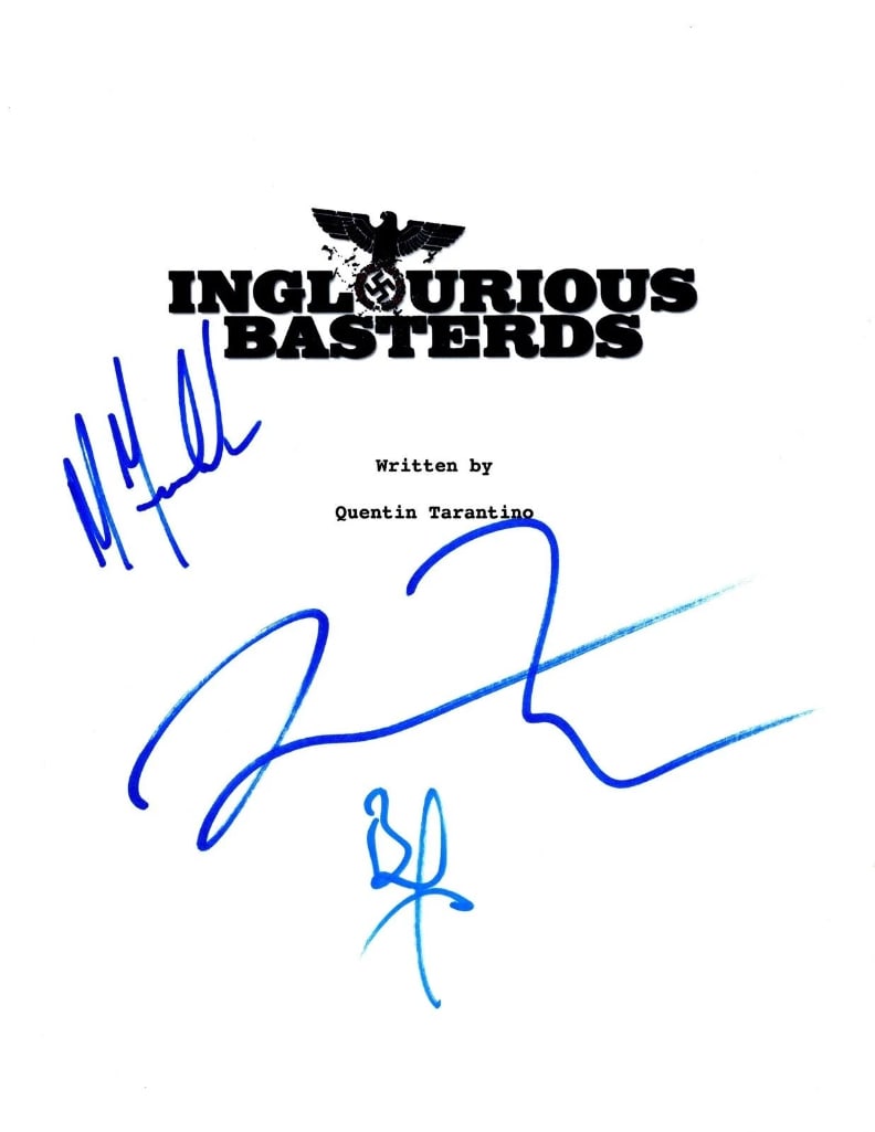 Inglourious Basterds Multi-Cast Signed Full Movie Script (3 Sigs) (ACOA Authentication): White paper professionally bound full movie script for the film "Inglourious Basterds" signed on the cover in blue felt tip marker by actors Michael Fassbender and Brad Pitt, and director Quentin Tara