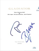 Gladiator: Ridley Scott & Russell Crowe Signed Full Movie Script (2 Sigs) (ACOA Authentication): White paper professionally bound movie script for the film "Gladiator" signed on the cover in blue felt tip marker by director Ridley Scott and actor Russell Crowe. In fine condition. Accompanied by
