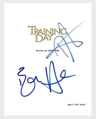 Training Day: Ethan Hawke & Denzel Washington Signed Full Movie Script (2 Sigs) (ACOA Auth.): White paper professionally bound full movie script for the film "Training Day" signed on the cover in blue felt tip marker by actors Ethan Hawke and Denzel Washington. In fine condition. Accompanied