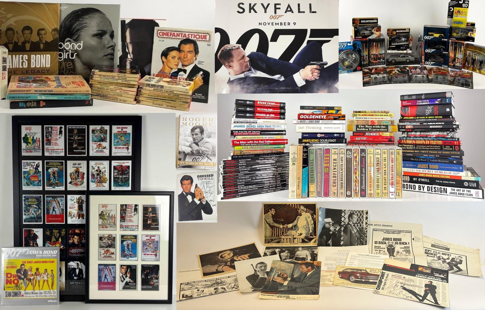 James Bond Ready-Made Man Cave Collection – Model Cars, Books, DVDs, Framed Displays & Signed : This is a lifetime collection of curated James Bond collectibles, ranging from the classic Ian Fleming softcover novels to the Corgi-produced die-cast model cars, and some signed memorabilia. The firs