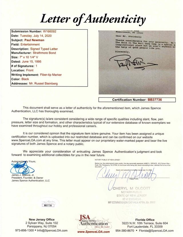 Paul Newman Signed Personal Stationary 1995 Letter & Envelope (JSA Authentication) - 3