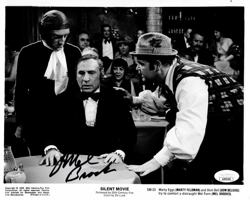 Silent Movie: Mel Brooks Signed 8" x 10" Film Still (JSA Authentication): Black-and-white 8" x 10" film still of character Mel Funn from the film "Silent Movie" signed in black felt tip marker by director and actor Mel Brooks. In fine condition. Accompanied by a JSA COA