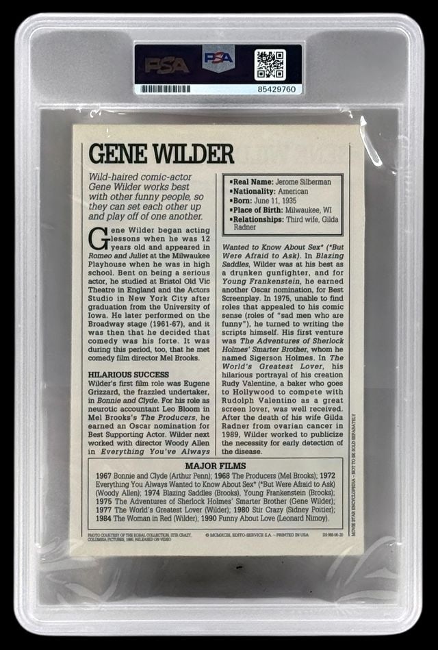 Gene Wilder Signed 7" x 4.75" Biographical Career Card (PSA/DNA Encapsulated) - 2