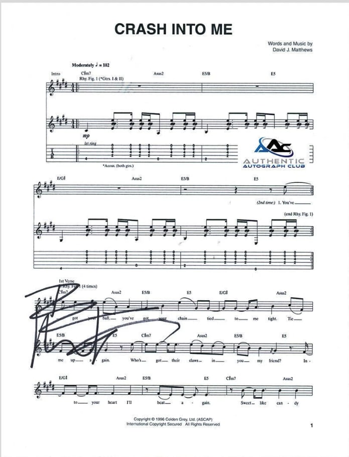 Dave Matthews Signed "Crash Into Me" Lyric Sheet (ACOA Authentication) (1 of 2)