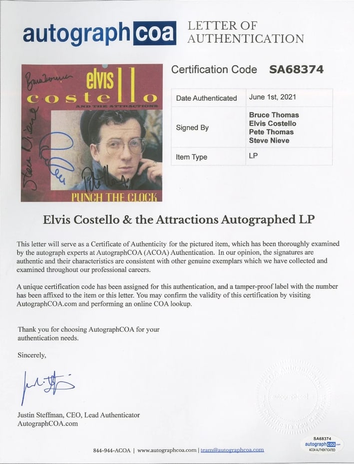 Elvis Costello & the Attractions Signed "Punch the Clock" LP Album (4 Sigs) (ACOA Authentication) - 2
