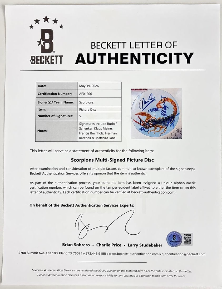 Scorpions Fully Group Signed "Big City Nights" Picture Disc (5 Sigs) (Beckett Authentication) - 6