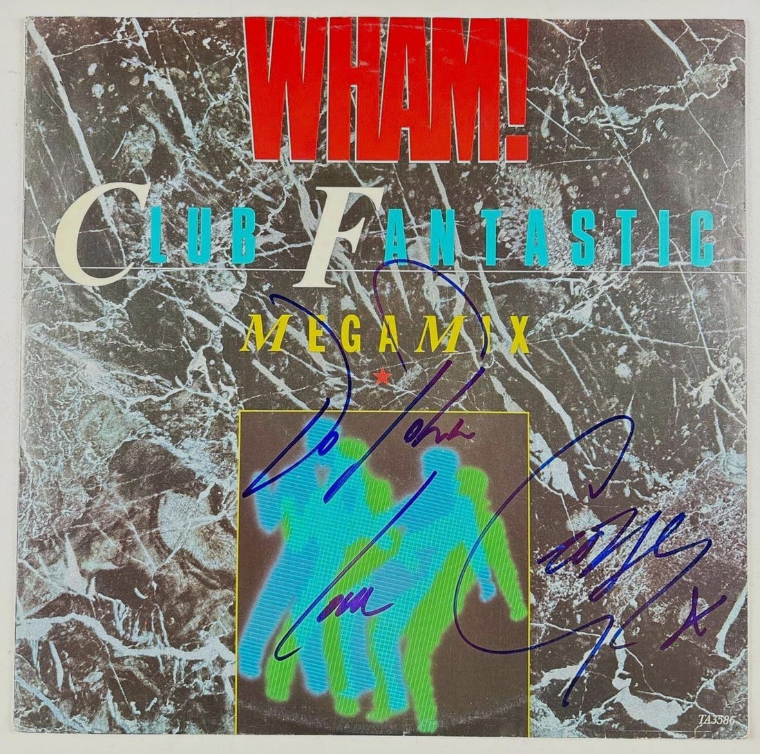 George Michael Signed Wham "Club Fantastic Mega Mix" Album (Beckett Authentication): "Club Fantastic Mega Mix" album signed on the cover in blue felt tip marker by George Michael, "Love, George" and inscribed "To John" before his autograph. Measuring approximately 12" x 12" in fine
