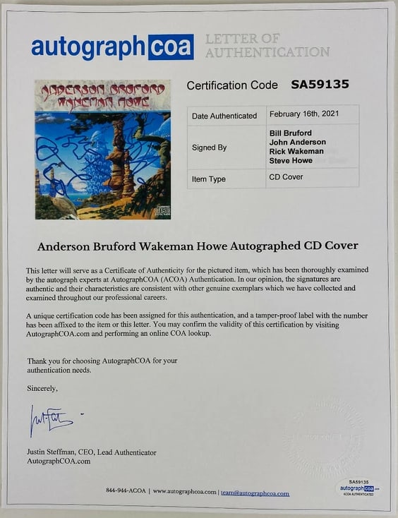 Yes: Anderson Bruford Wakeman Howe Fully Group Signed "S/T" Debut CD (4 Sigs) (ACOA Auth.) - 2