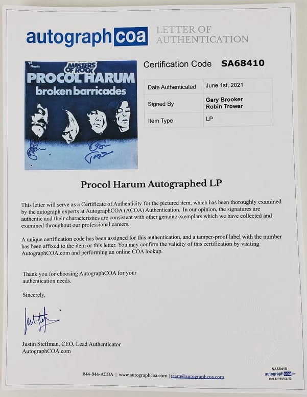 Procol Harum: Gary Brooker & Robin Trower Signed "Broken Barricades" LP Album (2 Sigs) (ACOA Auth.) - 2