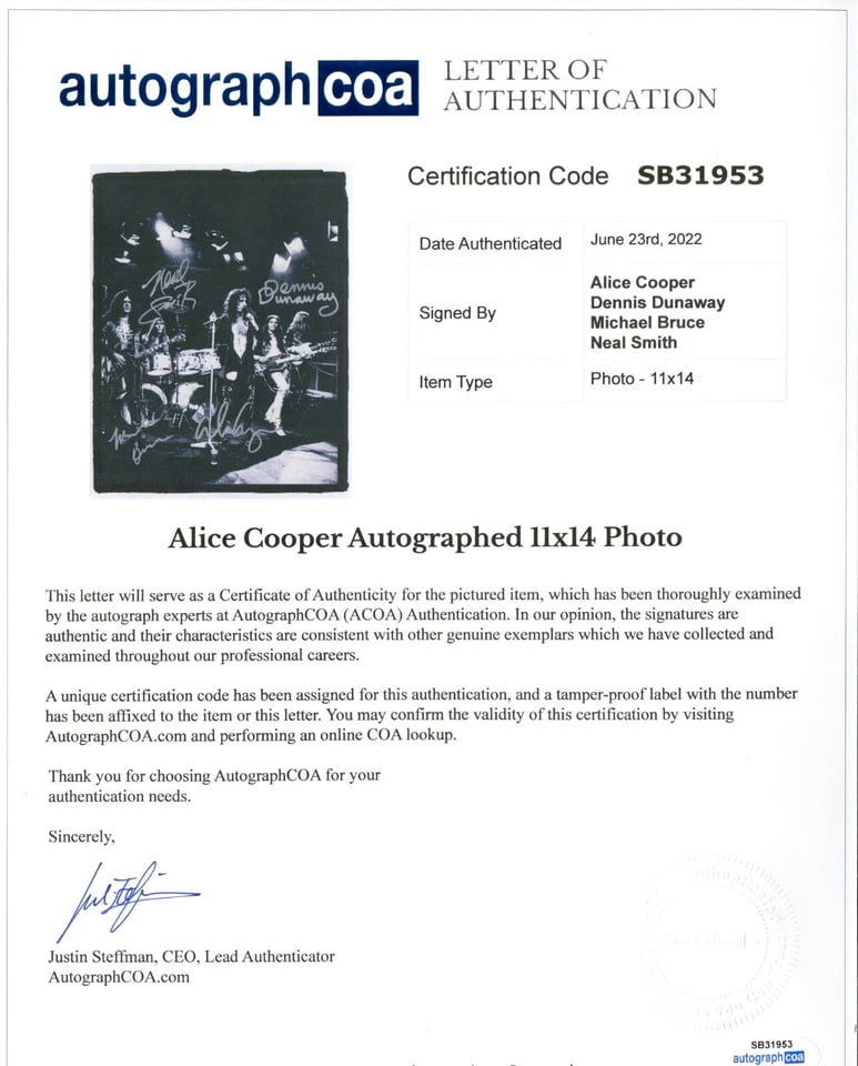 Alice Cooper Band Group Signed 14" x 11" Photo (4 Sigs) (ACOA Authentication) - 2