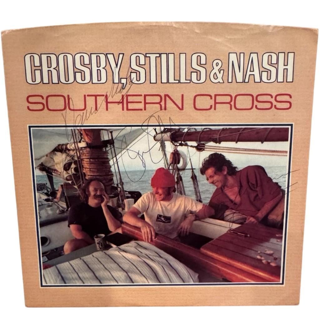 Crosby, Stills & Nash Fully Group Signed "Southern Cross" 45 (3 Sigs) (JSA Authentication): "Southern Cross" 45 signed on the cover in blue and black ballpoint pens by Crosby, Stills, & Nash band members David Crosby, Stephen Stills, and Graham Nash. Measuring approximately 7" x 7" and in ve