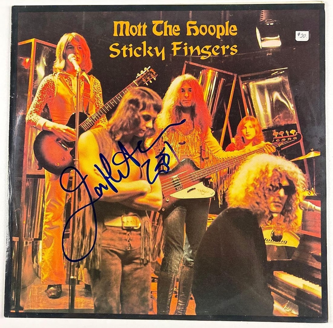 Mott the Hoople: Ian Hunter Signed "Sticky Fingers" Album (Beckett Authentication): "Sticky Fingers" album signed on the cover in blue felt tip marker by Mott the Hoople band member Ian Hunter. Measuring approximately 12" x 12" and in very good condition, with some signs of