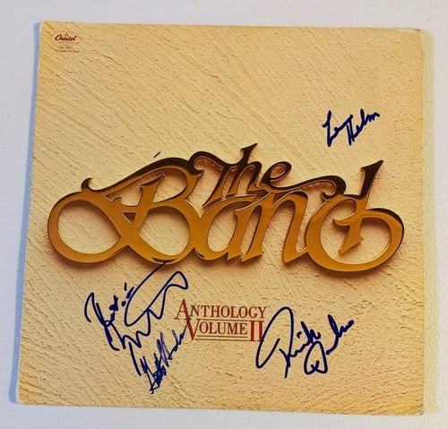 The Band Group Signed “Anthology Volume II” Album (4 Sigs) (Beckett Authentication): "Anthology Volume II" album signed on the cover in blue felt tip marker by The Band band members Levon Helm, Rick Danko, Garth Hudson, and Robbie Robertson. Measuring approximately 12" x 12" and in