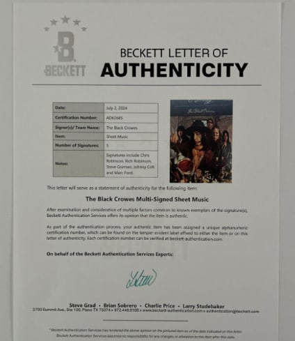 The Black Crowes Fully Group Signed Original 12" x 9" "Remedy" Sheet Music (5 Sigs) (Beckett Auth.) - 2