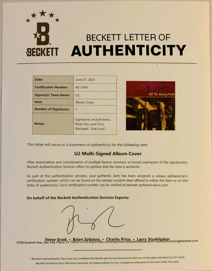 U2: Bono, Eno & Blackwell Signed "The Unforgettable Fire" LP Album (3 Sigs) (Beckett Auth.) - 3