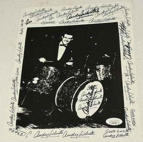 The Beatles: Andy White Multi-Signed 10" x 8" Photo (JSA Authentication): Black-and-white 10" x 8" photo signed in black felt tip marker and black ballpoint pen by temporary Beatles replacement drummer for the song "Love Me Do" Andy White. In fine condition. Authenticated