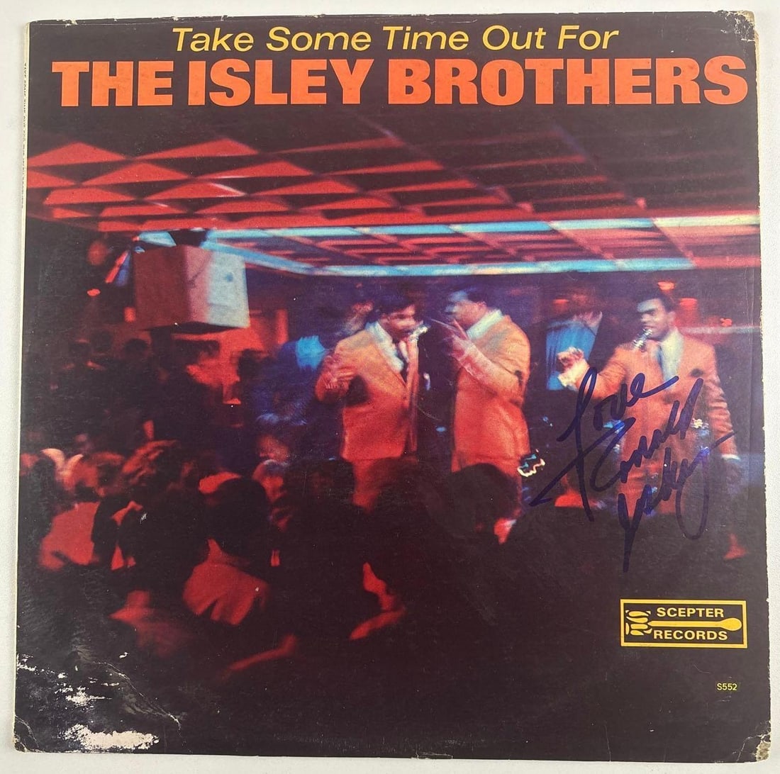 Isley Brothers: Ronald Isley Signed "Take Some Time Out" Album (Beckett Authentication): "Take Some Time Out For the Isley Brothers" album signed on the cover in blue felt tip marker by the Isley Brothers band member Ronald Isley. Measuring approximately 12" x 12" and in very good