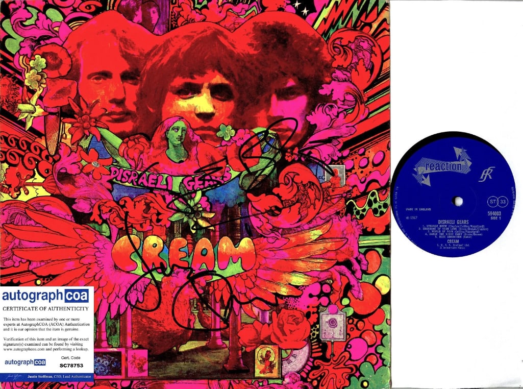 Cream: Ginger Baker & Jack Bruce Signed "Disraeli Gears" Album (2 Sigs) (ACOA Authentication): "Disraeli Gears" album signed on the cover in black felt tip marker by Cream band members Ginger Baker and Jack Bruce. Measuring approximately 12" x 12" and in fine condition. Record is included. Acco