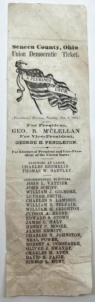 George B. McClellan 1864 Democratic Ticket Mail-In Seneca Ohio Ballot: White paper 9.5" x 2.5" Seneca Ohio Union Democratic ticket mail-in ballot for the 1884 election. In very good condition, with some signs of scattered wear, including some toning and wrinkling. This